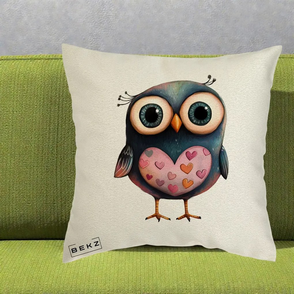 Perna Decorativa Bufnita cu Inimioare Roz, 40x40 cm, Ecru, Husa Detasabila, Perna Inclusa, BEKZ®