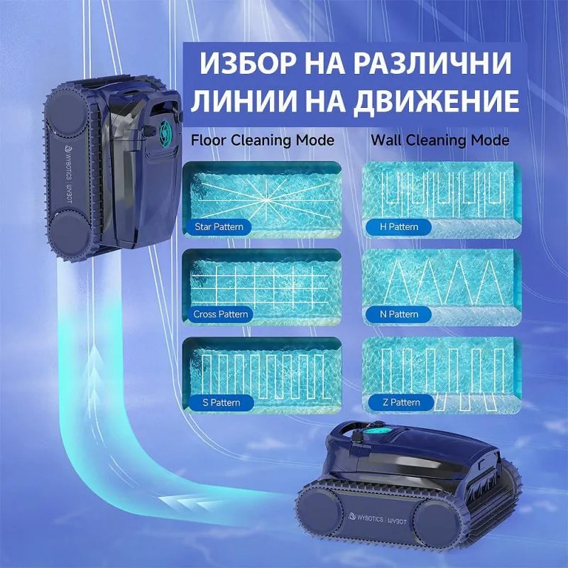 Robot fara fir pentru piscine Wybot M1, 120 W, 300 min, 400 m², Filtrare dubla, 2 randuri de perii, Planificare a traseului, Giroscop, Negru