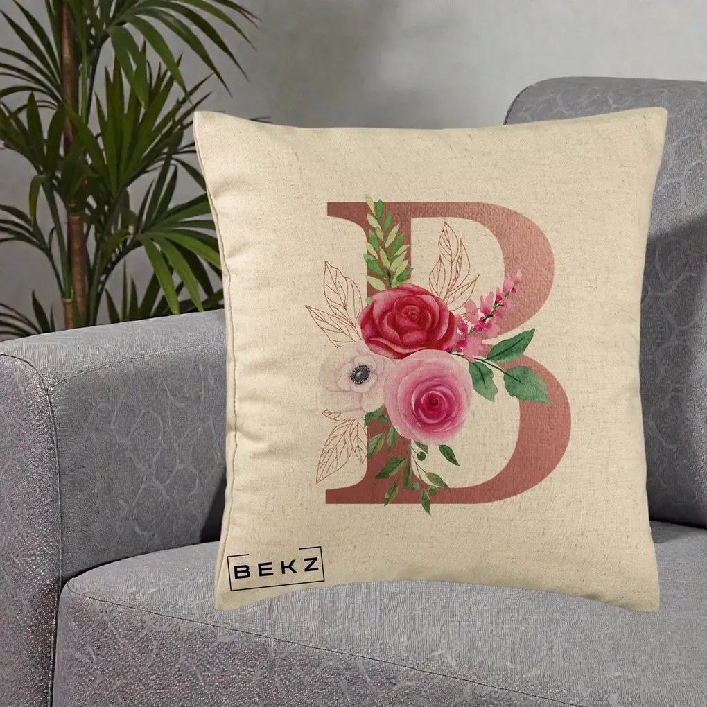 Cadou Personalizat - Perna Personalizata Monograma Rose Gold Litera B, 40x40 cm, Bej, Husa Detasabila, Perna Inclusa, BEKZ®