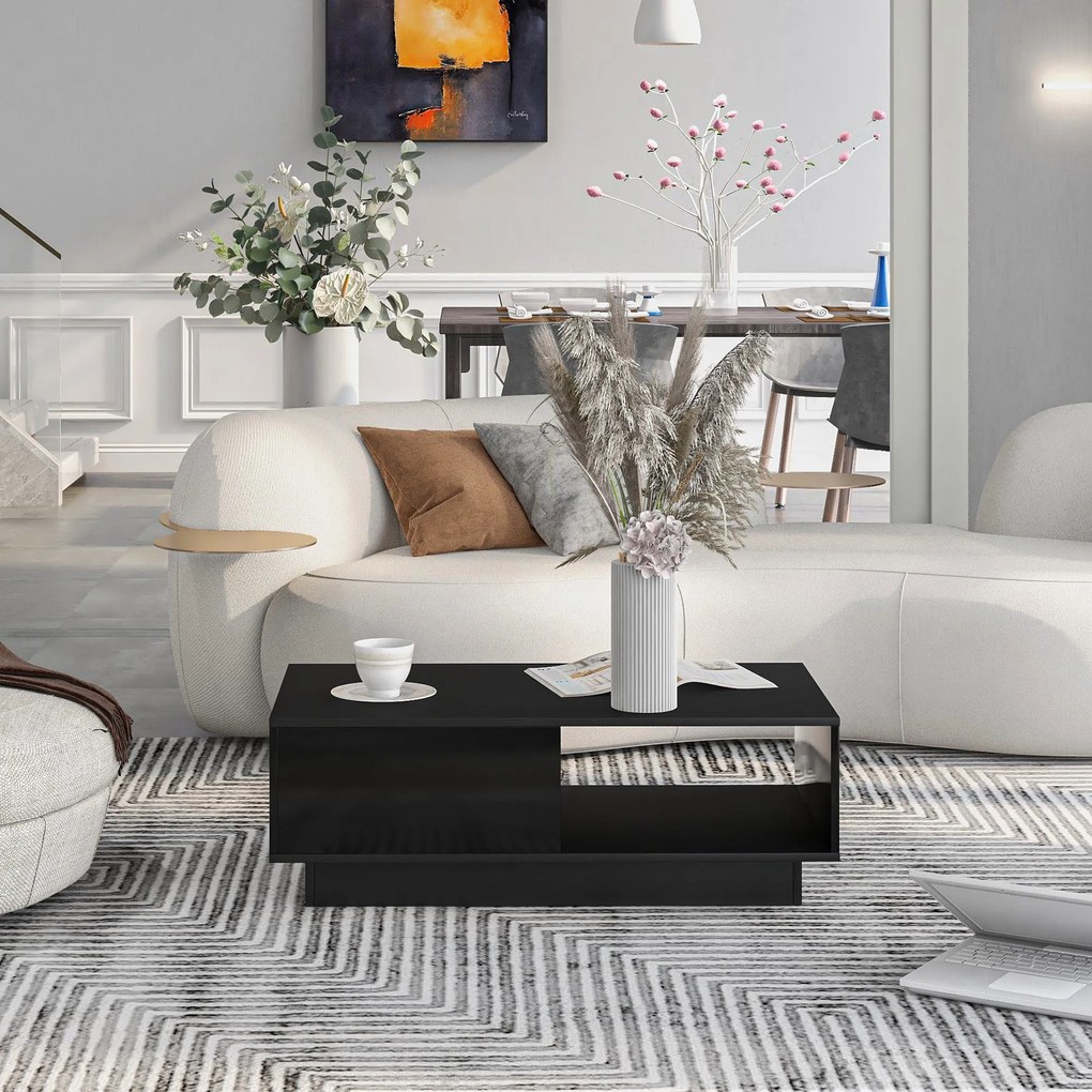 Măsuță de cafea modernă din lac lăcuit lucios cu lumină LED, 95×55×32 cm, Negru