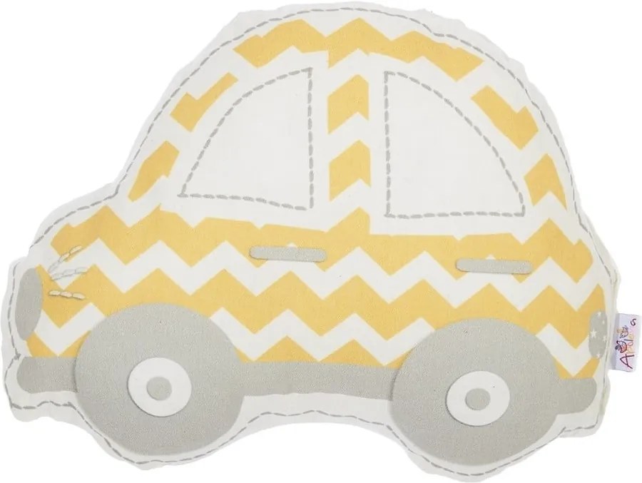 Pernă din amestec de bumbac pentru copii Apolena Pillow Toy Car, 32 x 25 cm, galben - gri