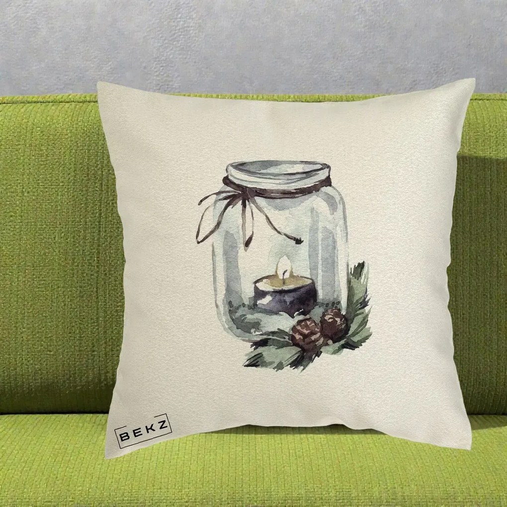 Perna Decorativa Felinar cu Lumanare si Conuri, 40x40 cm, Ecru, Husa Detasabila, Perna Inclusa, BEKZ®