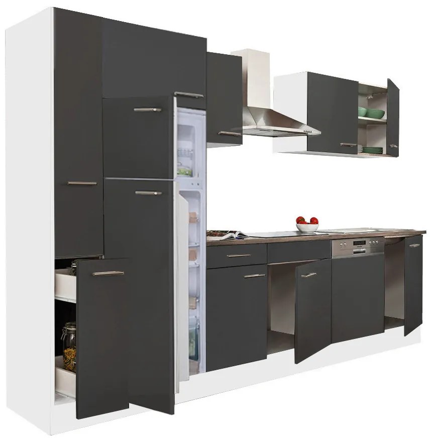 Mobilă de bucătărie Yorki 310, corp alb, față antracit satinat, frigider cu congelator superior