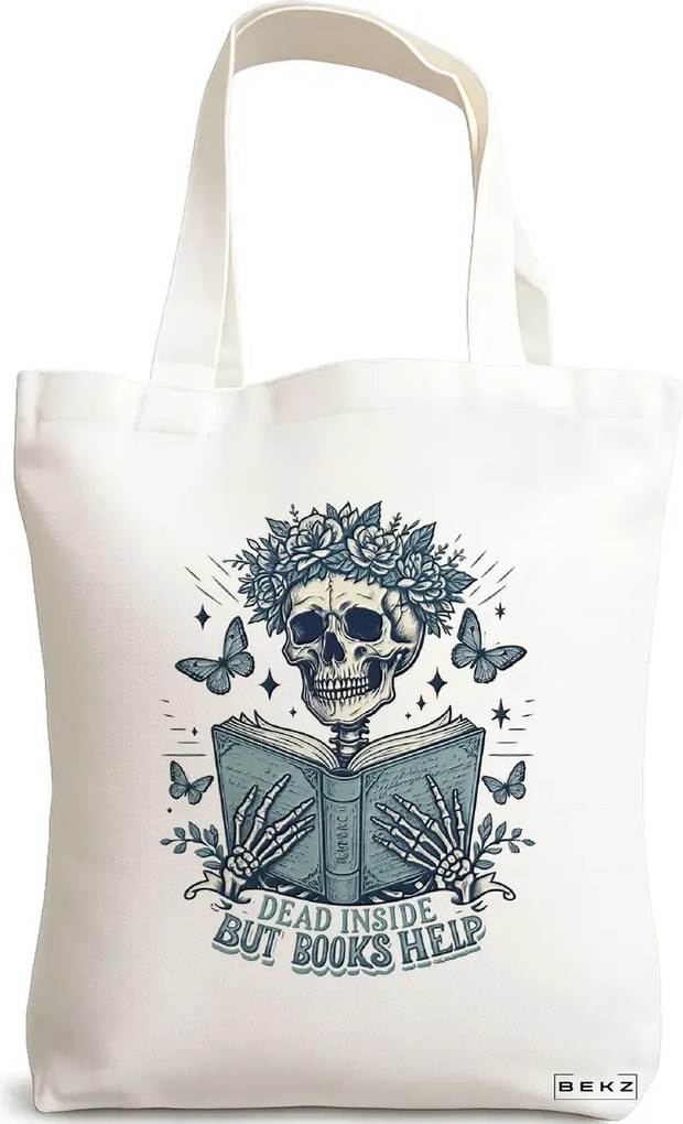 Sacosa de Panza pentru Cumparaturi, Geanta Tote, model Dead inside but books help 38 x 34.5 cm, Alba, BEKZ®