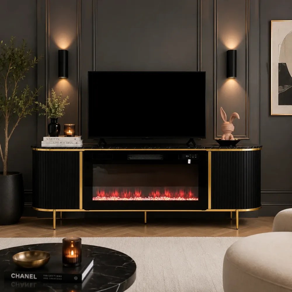 Comodă TV cu șemineu electric cu Încălzire, iluminare LED , 12 culori, Telecomandă, 180 cm, MOB190 Negru