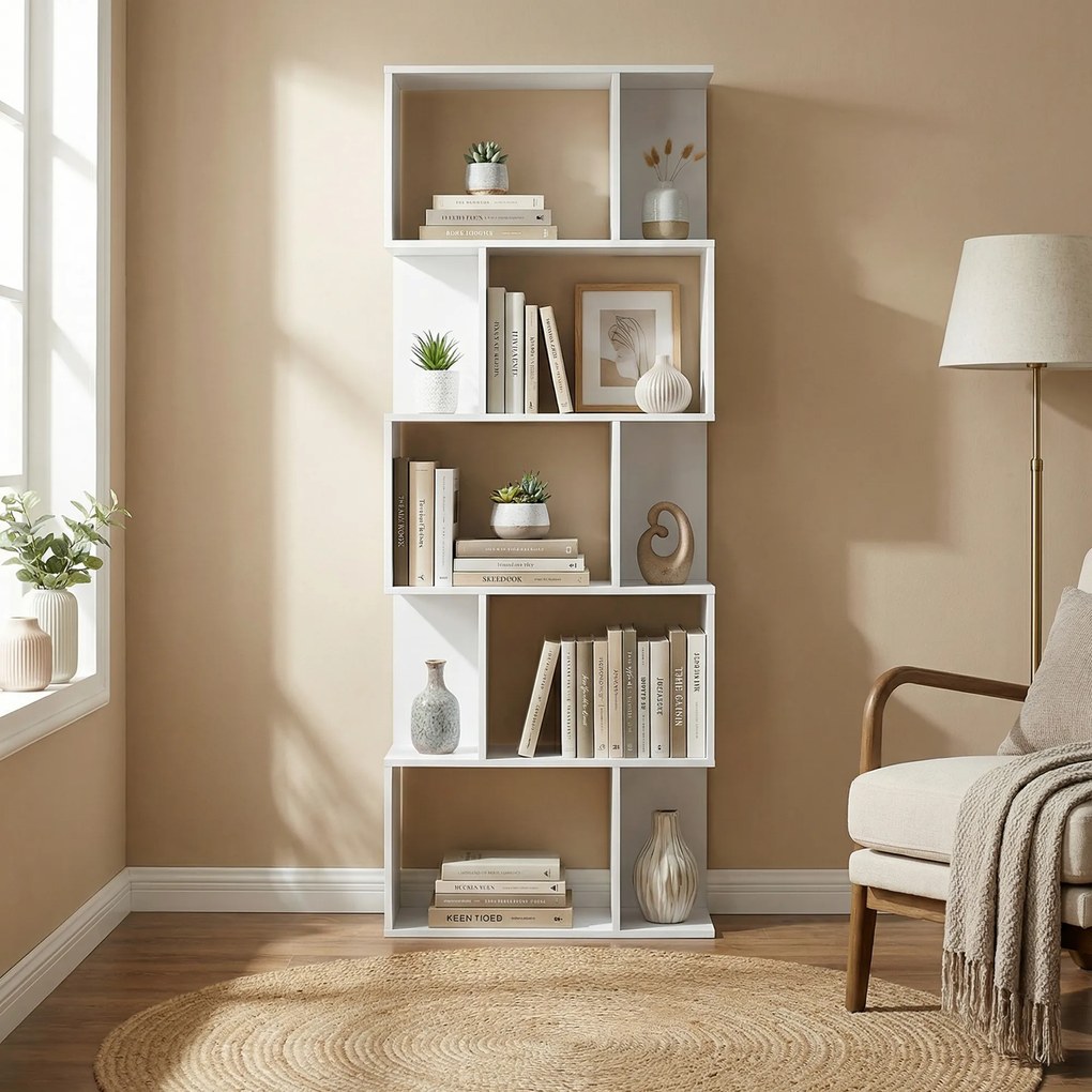 HOMCOM Raft pentru Cărți cu 5 Rafturi Separate, Bibliotecă în Formă de S din Lemn, 60x24x184,5 cm, Alb | Aosom Romania