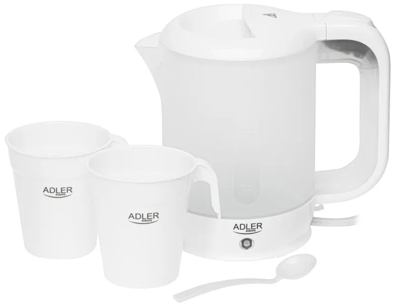 Cana electrica Adler AD 1381, 900W, 0,5 L, 2 cani si lingura, Protectie fierbere fara apa, Alb