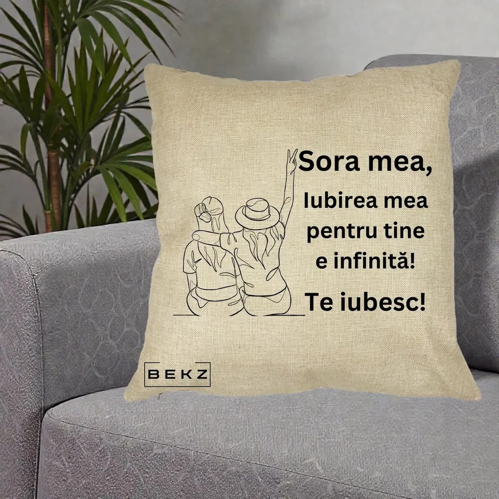 Cadou pentru Sora - Perna Personalizata Sora Mea Te Iubesc Line Art Portrete Colorate, 40x40 cm, Crem, Husa Detasabila, Perna Inclusa, BEKZ®
