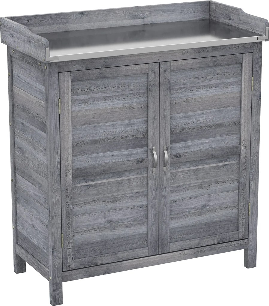 Outsunny Masă de plantat cu dulap inferior din lemn Dulap de grădină cu blat galvanizat 2 polițe Gri | Aosom Romania