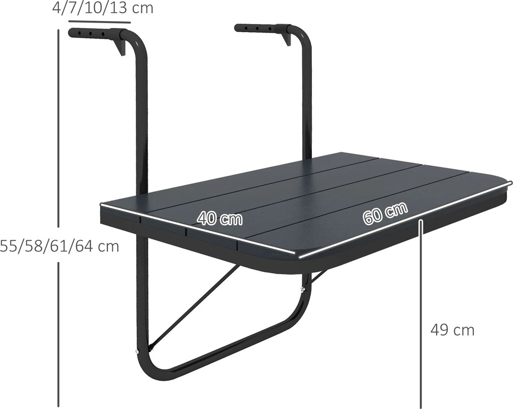 Outsunny Măsuță Pliabilă și Reglabilă pentru Balcon, Masă Suspendată pentru Balustradă, din Aluminiu și Plastic cu Efect de Lemn, Suport pentru Plante sau Gustări, Negru | Aosom Romania