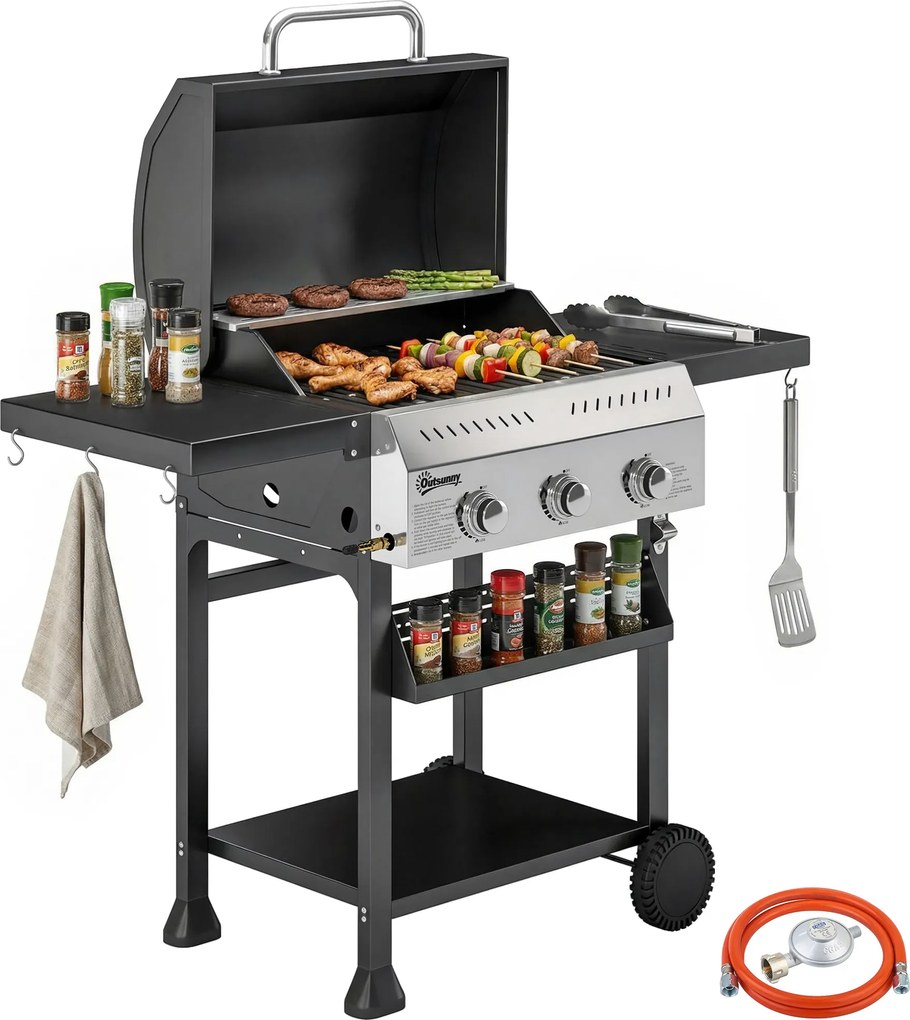 Outsunny Grătar pe gaz 9 KW 3 arzătoare Cărucior BBQ din oțel inoxidabil incl masă laterală rabatabilă suport pentru condimente raft inferior 6 cârlige | Aosom Romania