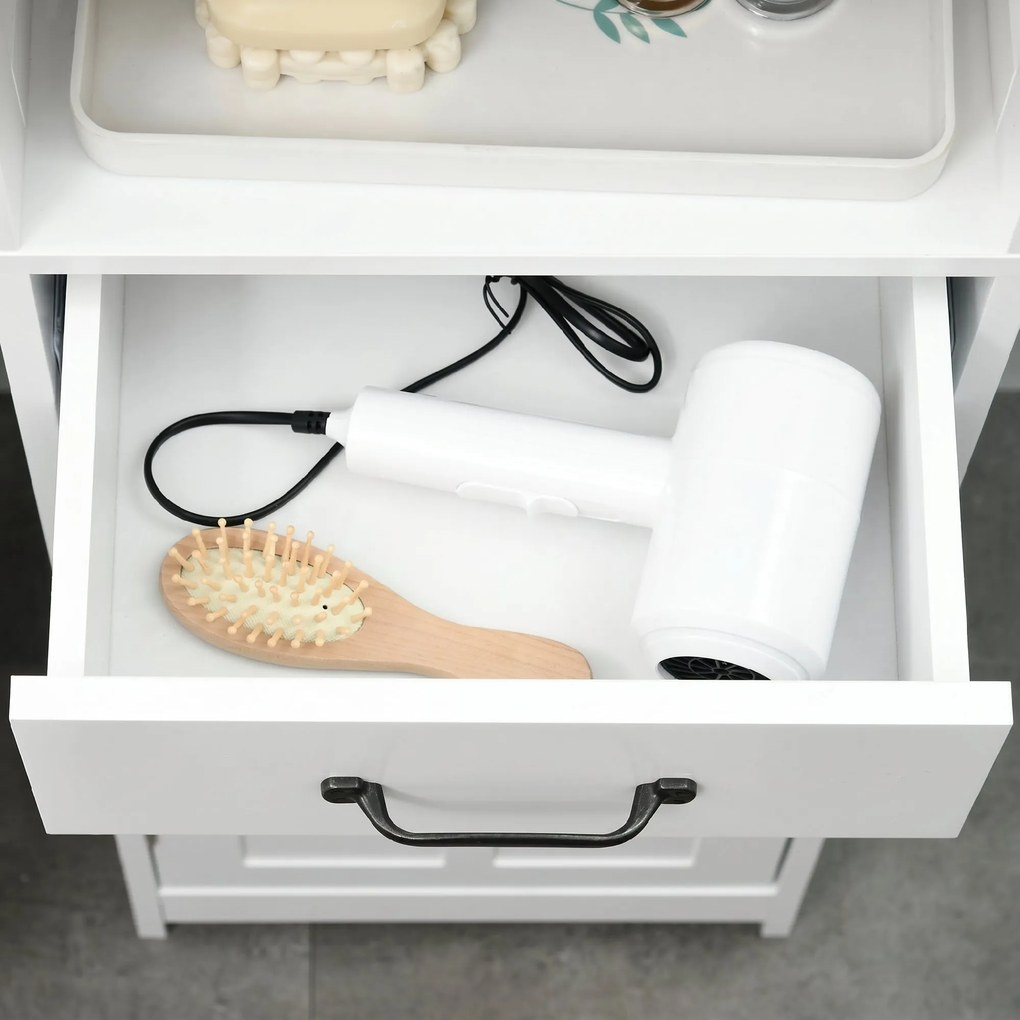kleankin Dulap Modern pentru Baie, Mobilier Îngust cu Raft Deschis, Sertar, Uși Încastrate și Rafturi Ajustabile Alb | Aosom Romania