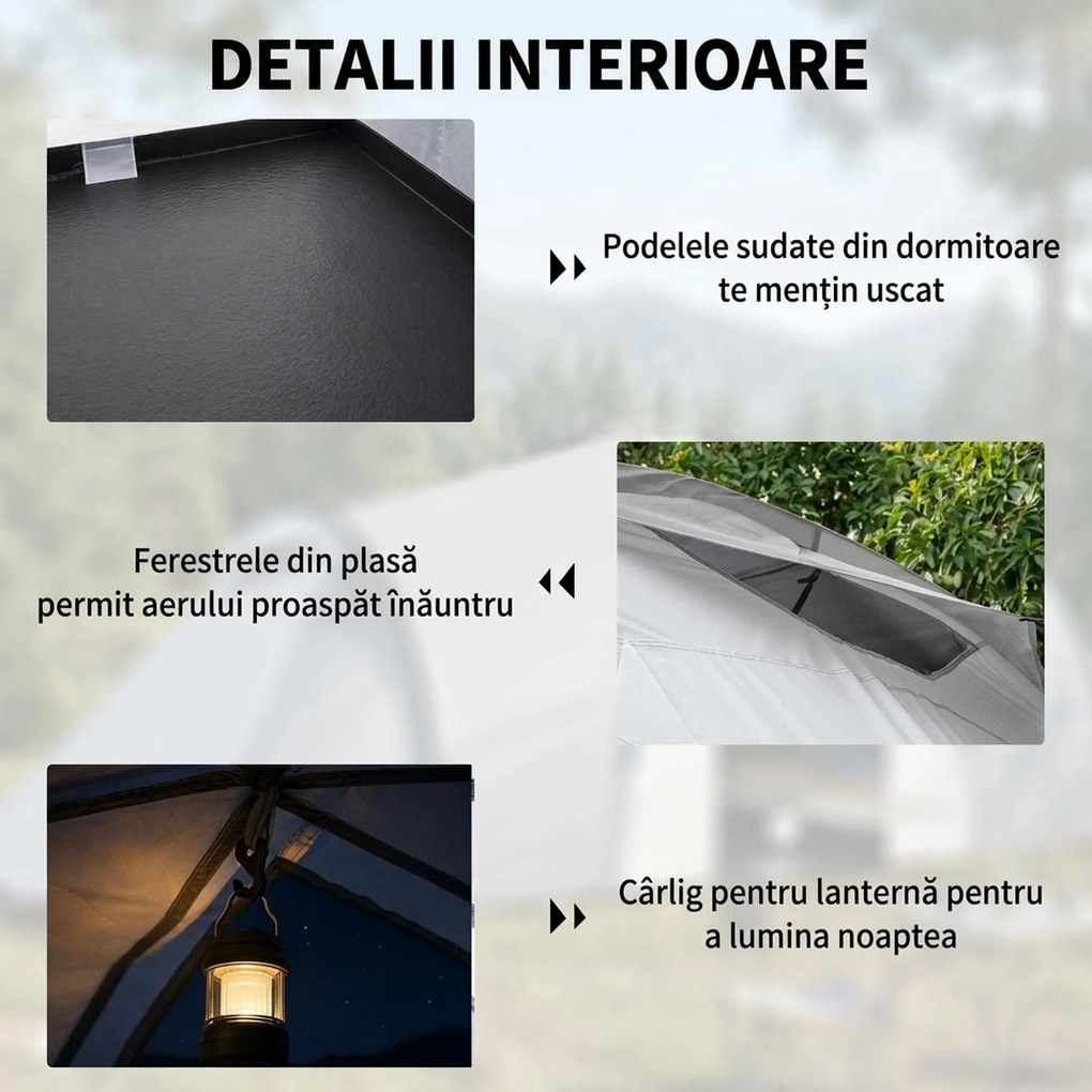 Outsunny Cort Camping 4-5 Persoane 2 Camere Familie Impermeabil Baldachin 590x245x193cm Gri | Aosom Romania