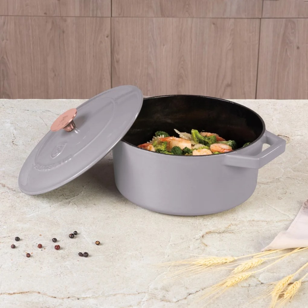 Oală din fontă emailată cu capac 24 cm, 4.35 L Berlinger Haus Taupe Collection BH 6525, distribuție termică excelentă, potrivită cuptor/plite