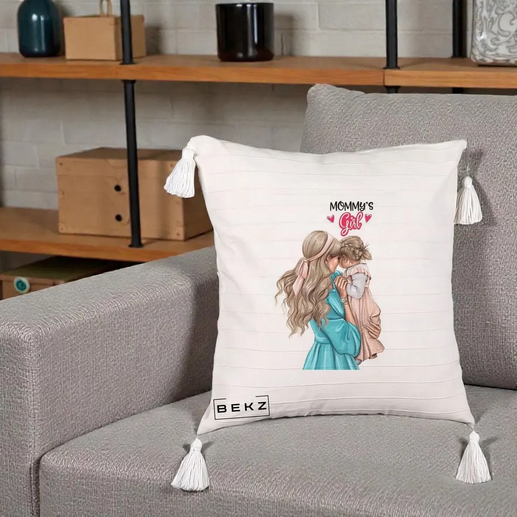 Cadou pentru Mama - Perna Personalizata Mommy's Girl Mama si Fetita, 40x40 cm, Bej cu Franjuri, Husa Detasabila, Perna Inclusa, BEKZ®