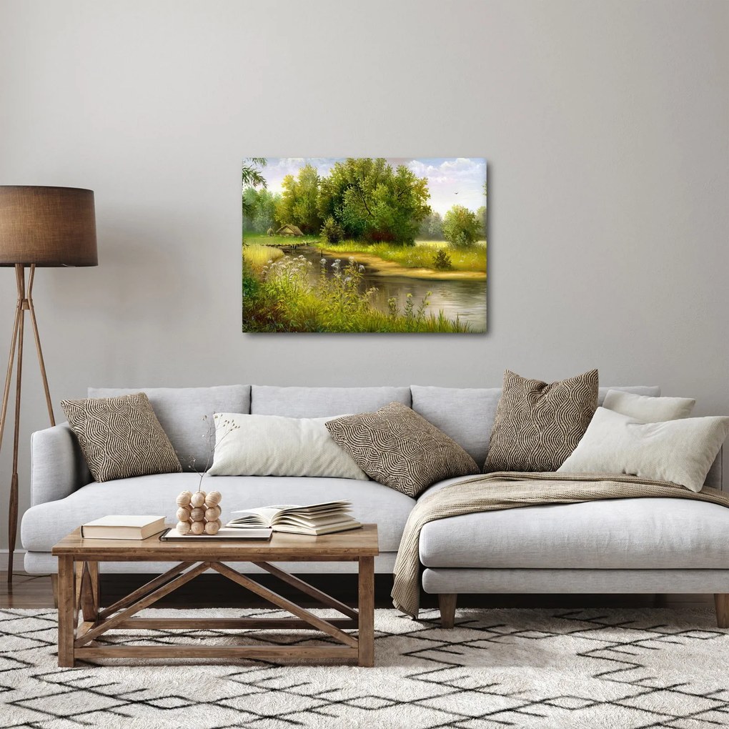Tablou - Râu lângă pădure, pictură în ulei (70x50 cm)