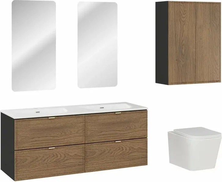 Set dulap baza suspendat 120 cm cu lavoar, dulap coloana si oglinda Comad Talia negru mat si stejar Casella