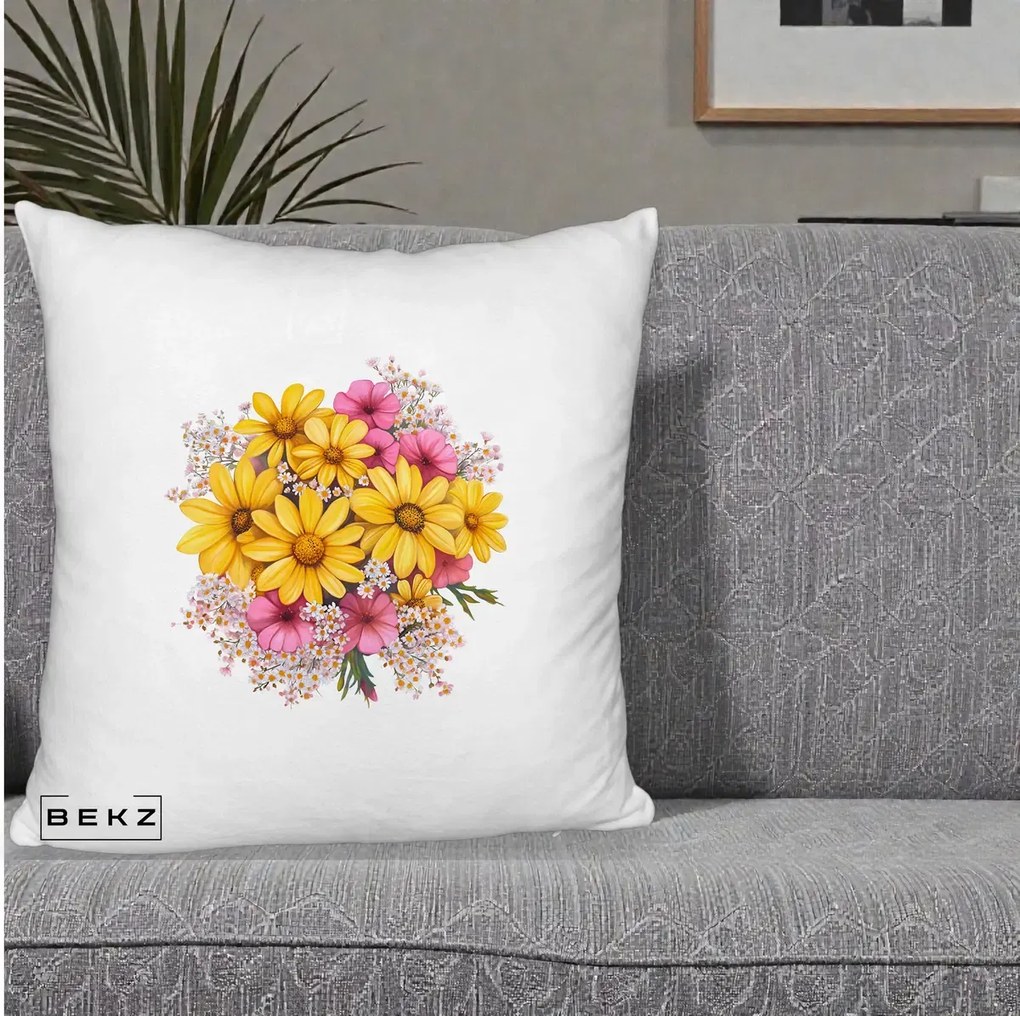 Perna Decorativa Floarea-Soarelui cu Cosmos Roz si Gypsophila, 40x40 cm, Alb Pufos, Husa Detasabila, Perna Inclusa, BEKZ®