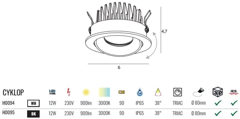 Spot LED incastrabil baie IP65 Cyklop IP65 4000K alb