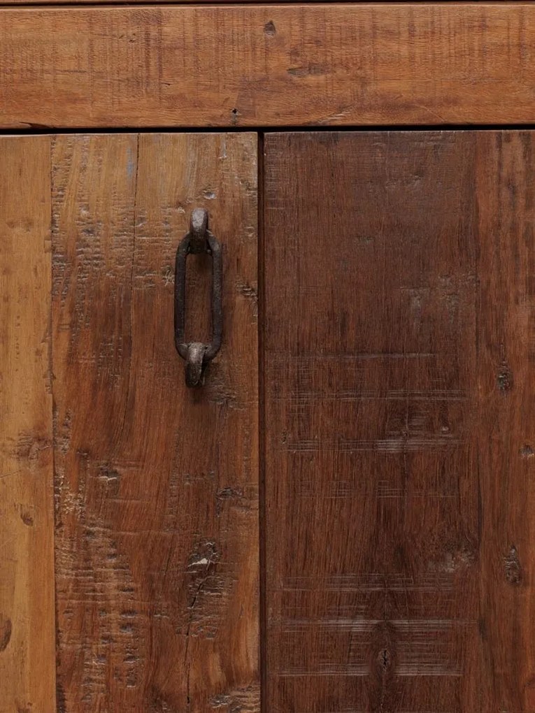 Bufet rustic din lemn reciclat și metal, natur, cu 4 uși, mânere din metal și îmbinări în coadă de rândunică, 87 x 163 x 44 cm, „Rochehau”