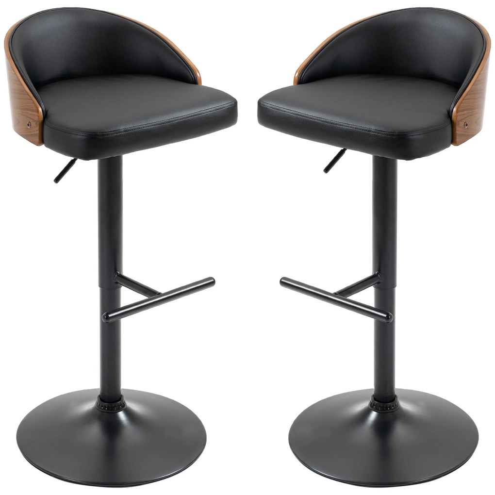 HOMCOM Scaune de Bar Set 2 buc., Scaun de Bar Tapitat din Oțel și Lemn Masiv, Înălțime Reglabilă pentru Bucătărie cu Suport pentru Picior, Rotativ 360°, Scaun de Bar pentru Bucătărie, Sufragerie, Sală de Mese, Negru+Cafea | Aosom Romania