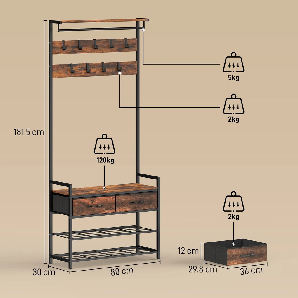 HOMCOM Cuier de Podea 5 în 1, 181,5 cm, cu Bancă și Suport pentru Încălțăminte, 10 Cârlige, Metal, Maro Rustic | Aosom Romania