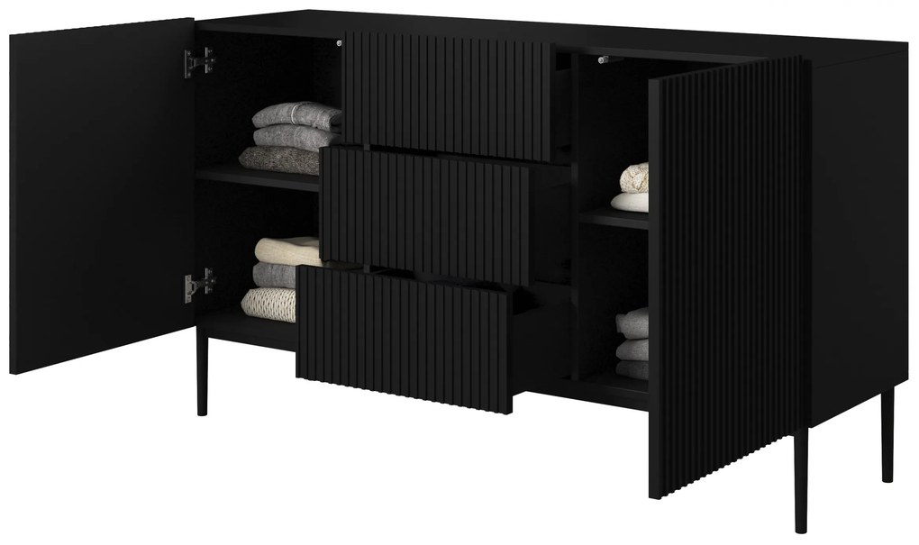 Comodă cu sertare Nicole 150 cm - negru mat / picioare negre