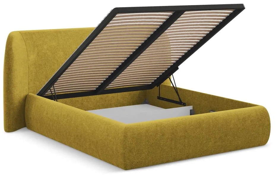 Pat matrimonial galben muștar tapițat cu spațiu de depozitare cu somieră 160x200 cm Hauke – Makamii