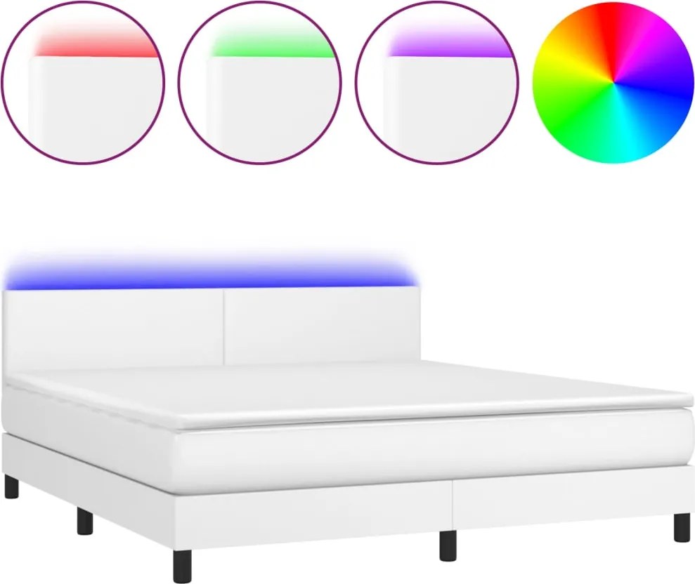vidaXL Pat cu arcuri, saltea și LED, alb, 160x200 cm, piele ecologică