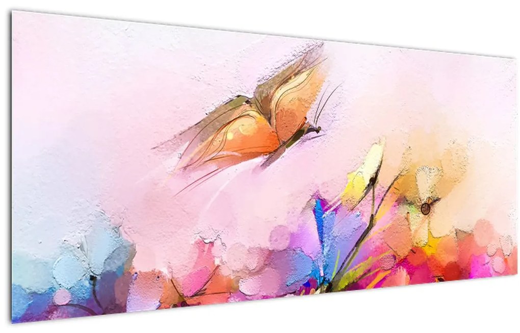 Tablou - Fluture asupra florilor, abstracție (120x50 cm)