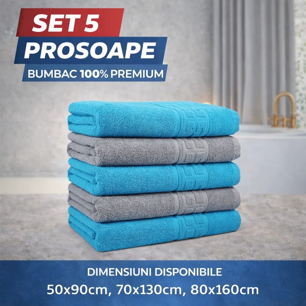 Set 5 Prosoape Baie Premium, 100% Bumbac, Absorbante și Pufoase, Gri/Turcoaz
