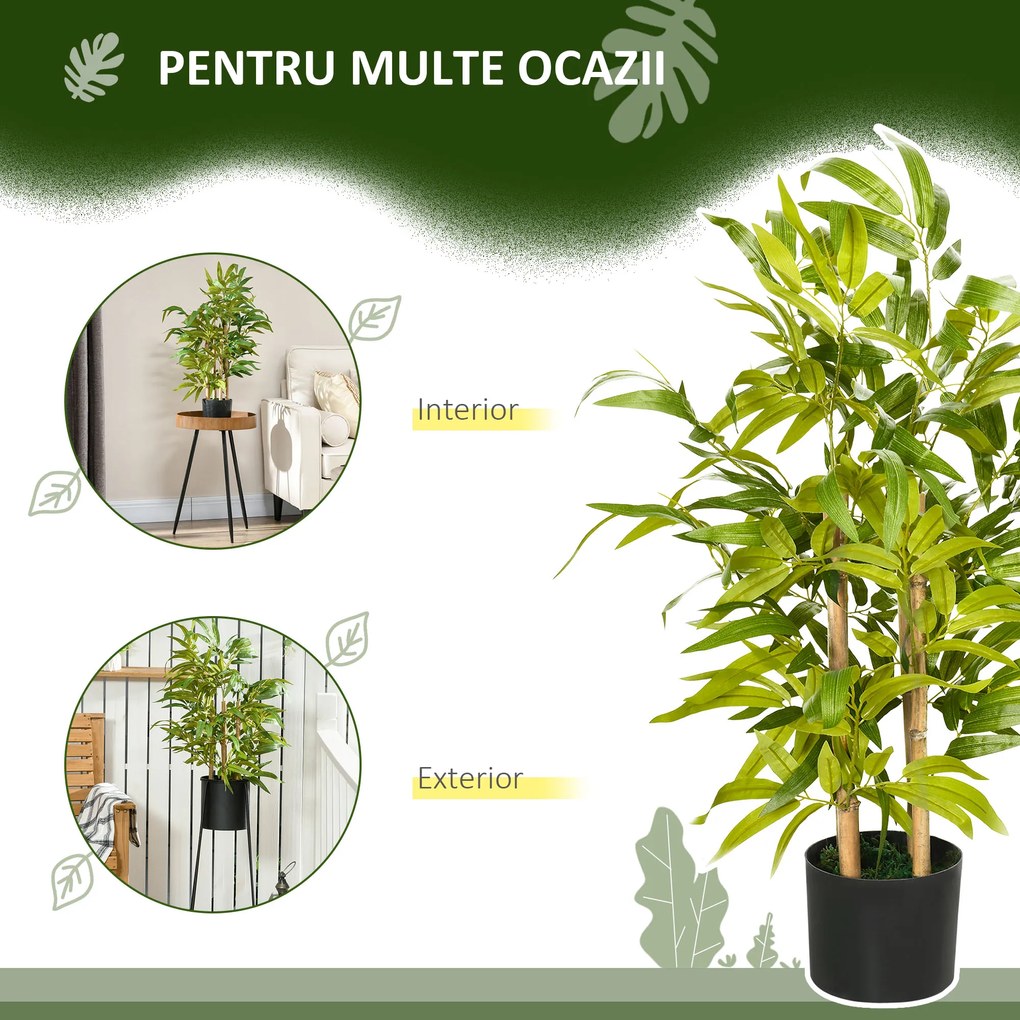 HOMCOM Plantă Artificială de Bambus, Înălțime 60 cm, din Poliester și PP, Verde, cu Vas de Ciment Ø15x12.5 cm | Aosom Romania