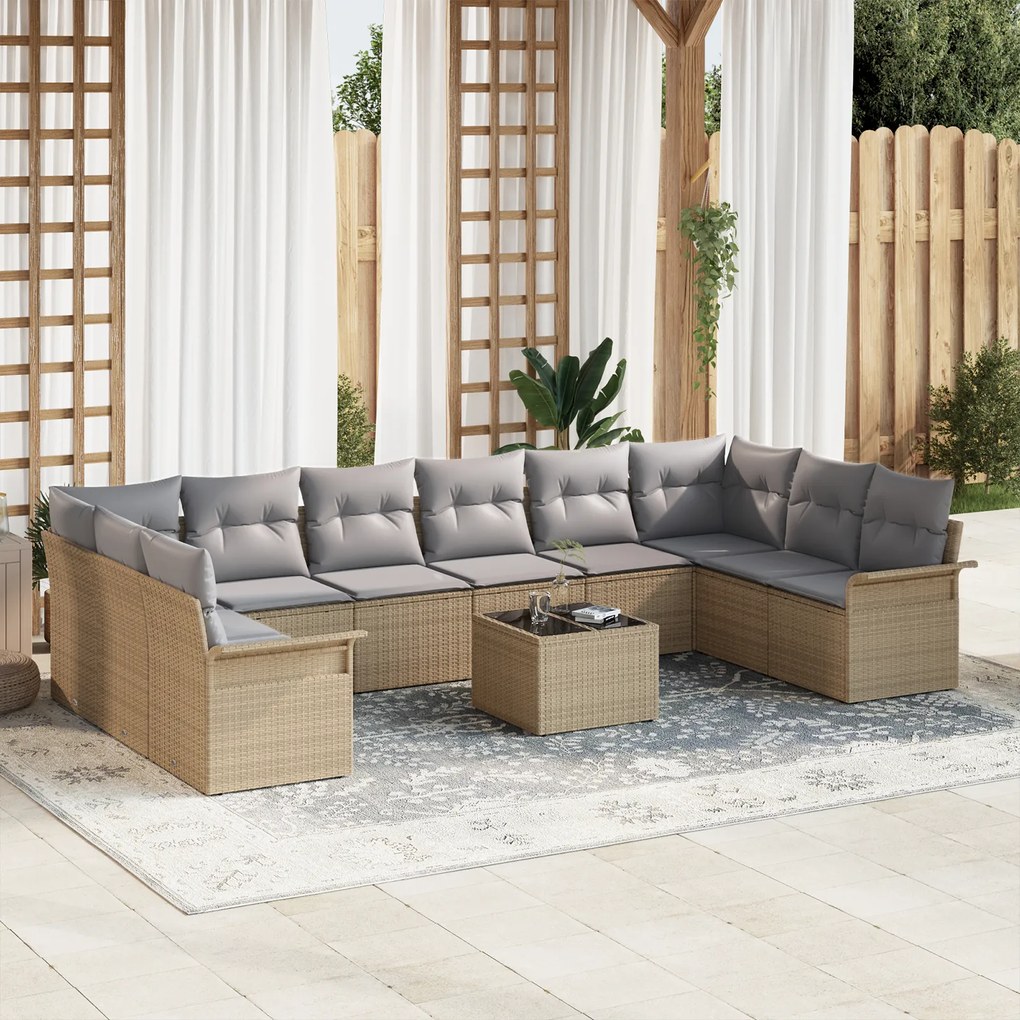 vidaXL Set de canapele pentru grădină cu pernă 11 pcs Bej Rattan poli