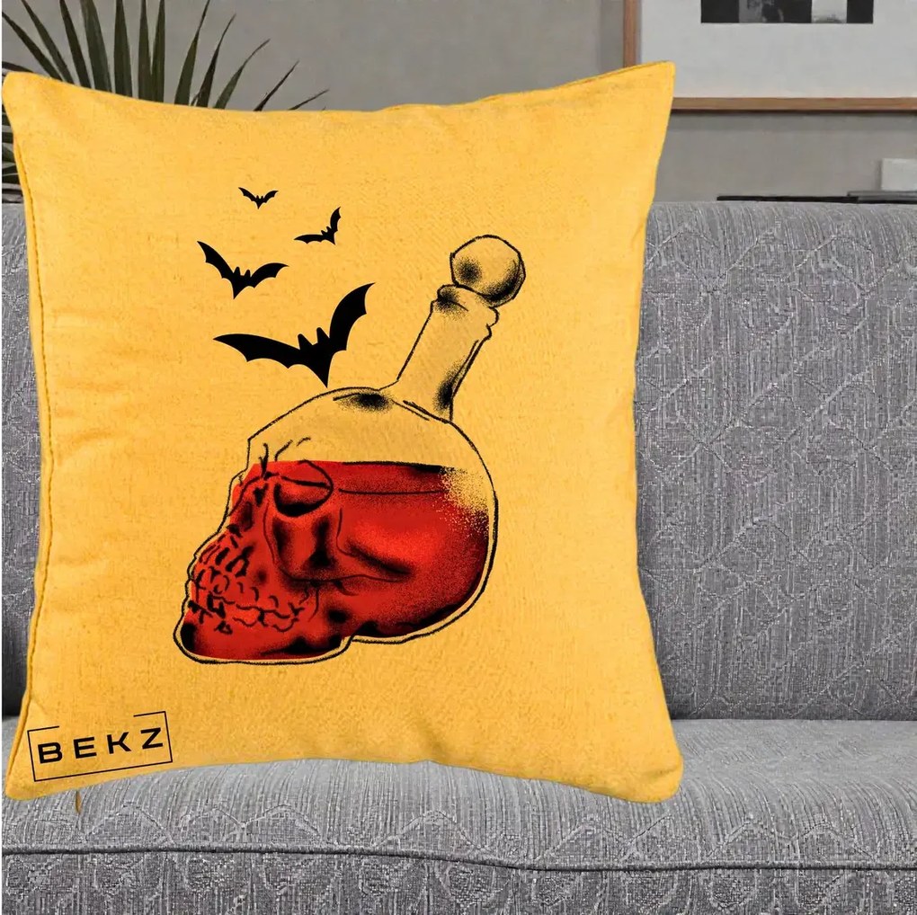 Perna Decorativa Halloween Craniu-Sticla cu Lilieci, 40x40 cm, Galben, Husa Detasabila, Perna Inclusa, BEKZ®