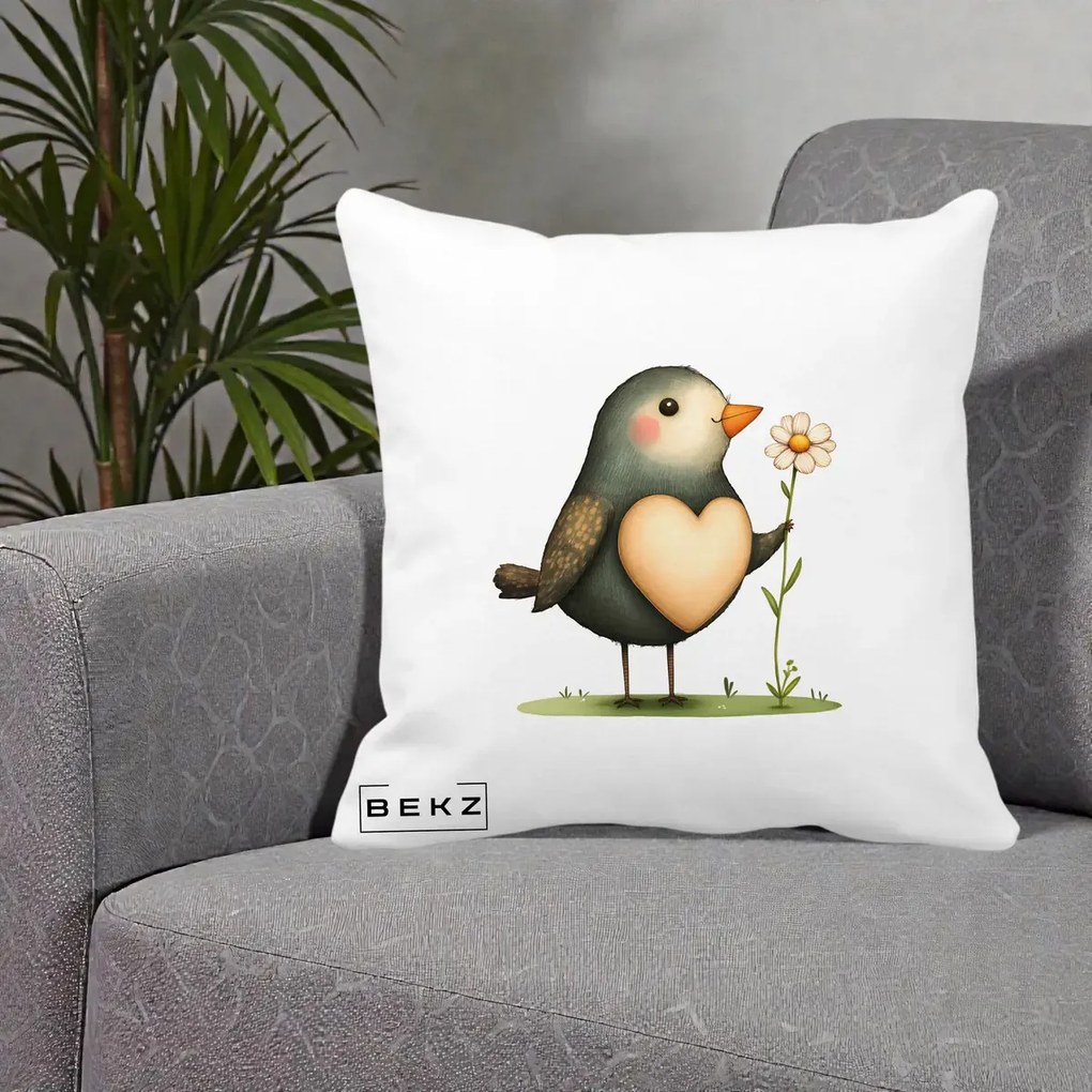 Perna Decorativa Pasare cu Inima si Margareta, 40x40 cm, Alba Mata, Husa Detasabila, Perna Inclusa, BEKZ®