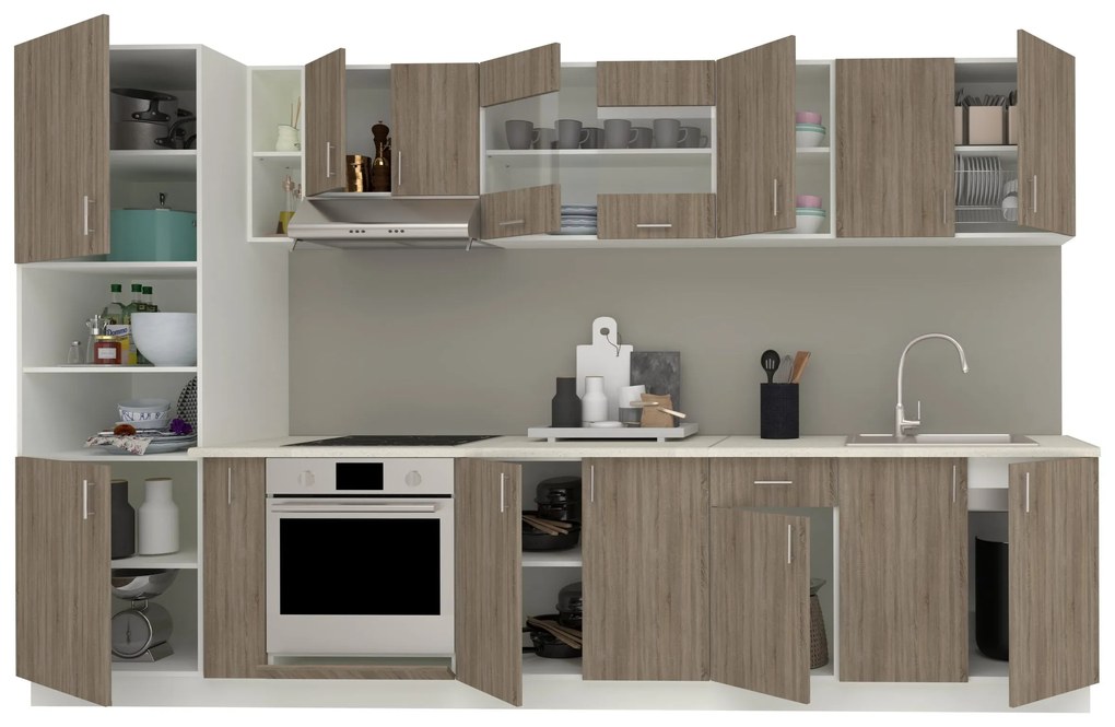 Set Bucatarie Karo V33, Stejar Sonoma Inchis/Alb, Blat Thermo 28 mm, L 340 cm