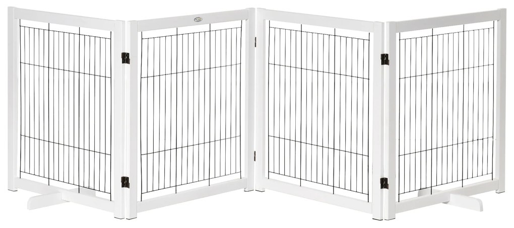 PawHut Poartă de protecție pentru câini cu picioare, 305 x 82 cm, lemn, pliabilă, pentru protecție la scări, uși, holuri, 4 panouri, Alb | Aosom Romania