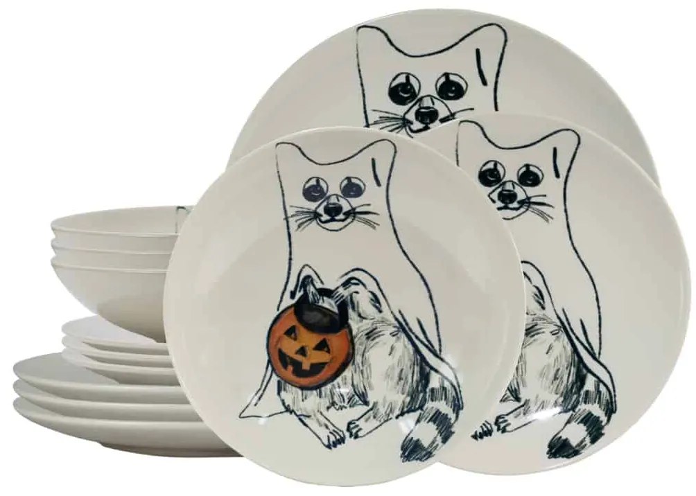 Set Complet Serviciu De Masa, Pumpkin Cat, 12 piese, Ivoire cu Pisica