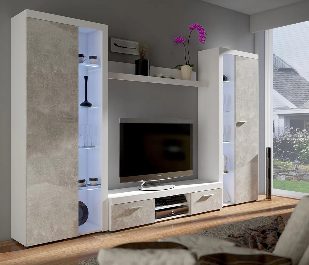 MEBLINE Set mobilier RUMBA/RUDOS XL concreto deschis / Alb