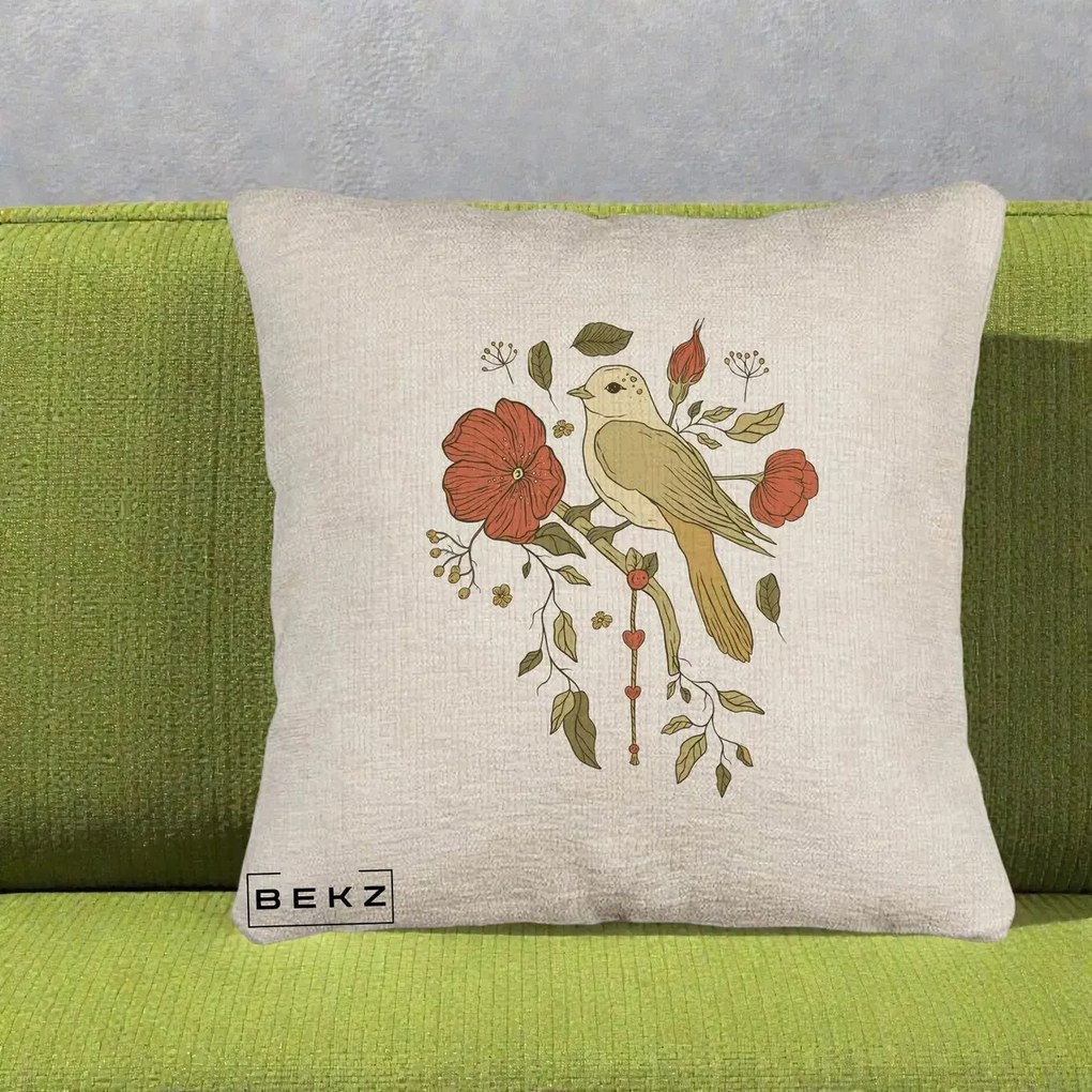 Perna Decorativa Pasare pe Ramura cu Maci, 40x40 cm, Bej Canapea, Husa Detasabila, Perna Inclusa, BEKZ®