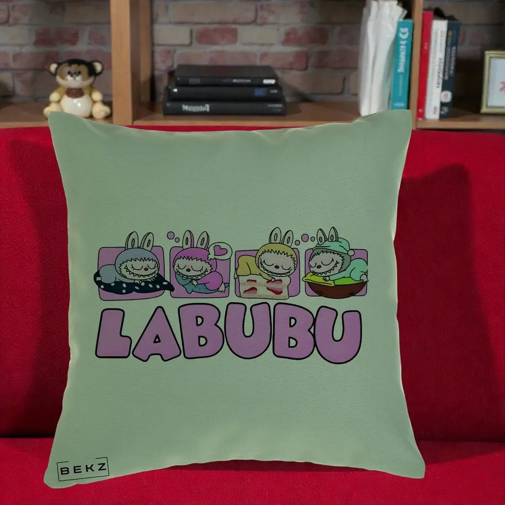 Perna Personalizata Labubu Sleeping Quad, 40x40 cm, Verde, Husa Detasabila, Perna Inclusa, BEKZ®