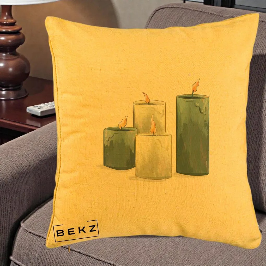 Perna Decorativa Lumanari Hygge Alb-Verde, 40x40 cm, Galben, Husa Detasabila, Perna Inclusa, BEKZ®