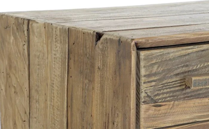 Comodă TV living din lemn reciclat, natur, cu 4 uși, 2 sertare, 2 nișe deschise și picioare oblice, finisaj antichizat, 65 x 180 x 48 cm, „Aubeline”
