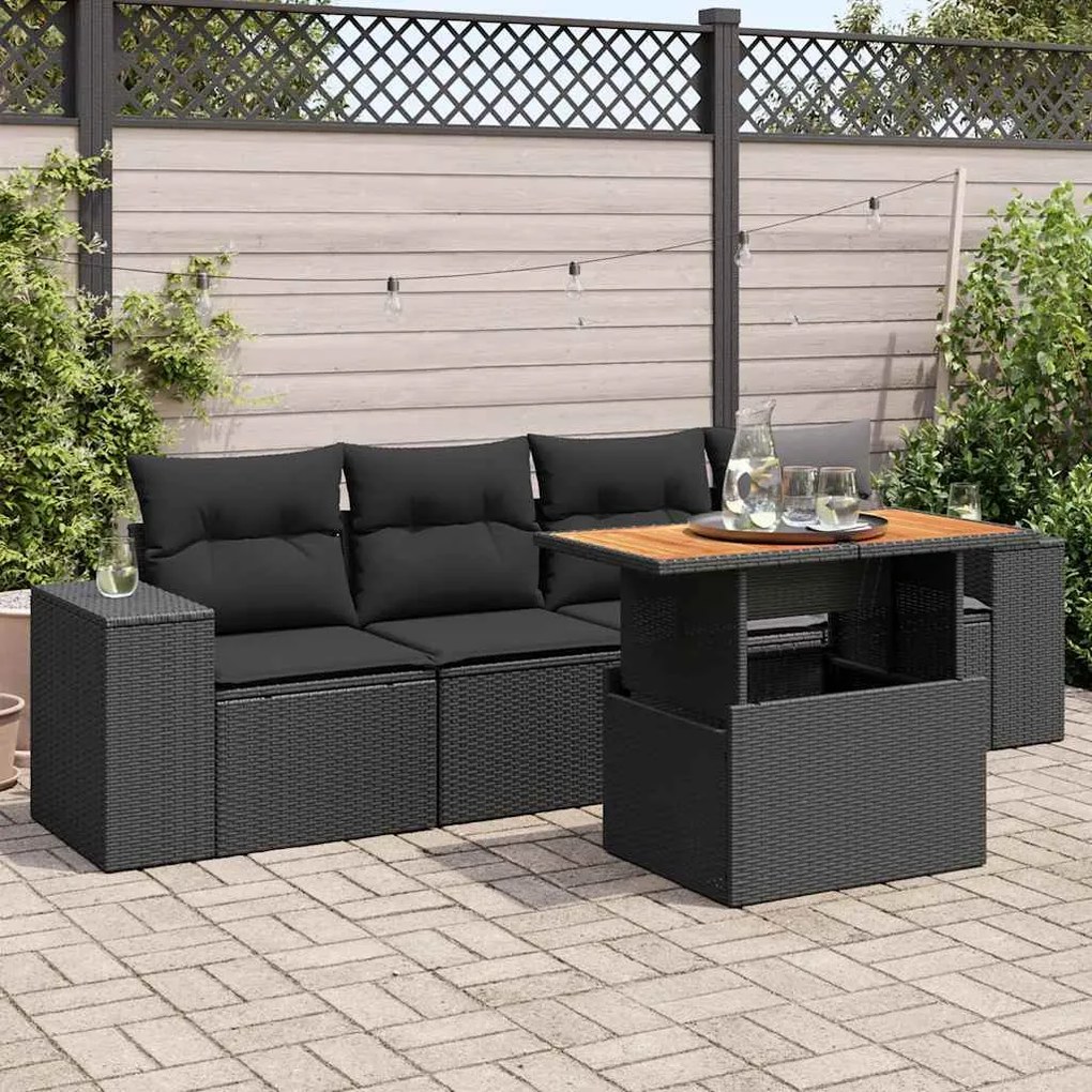 vidaXL Set mobilier de grădină cu perne, 5 piese, negru, poliratan