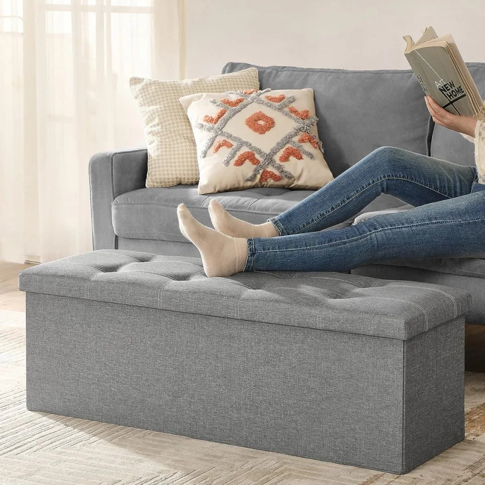 Bancheta versatila cu capac, MDF / textil, gri deschis, Songmics