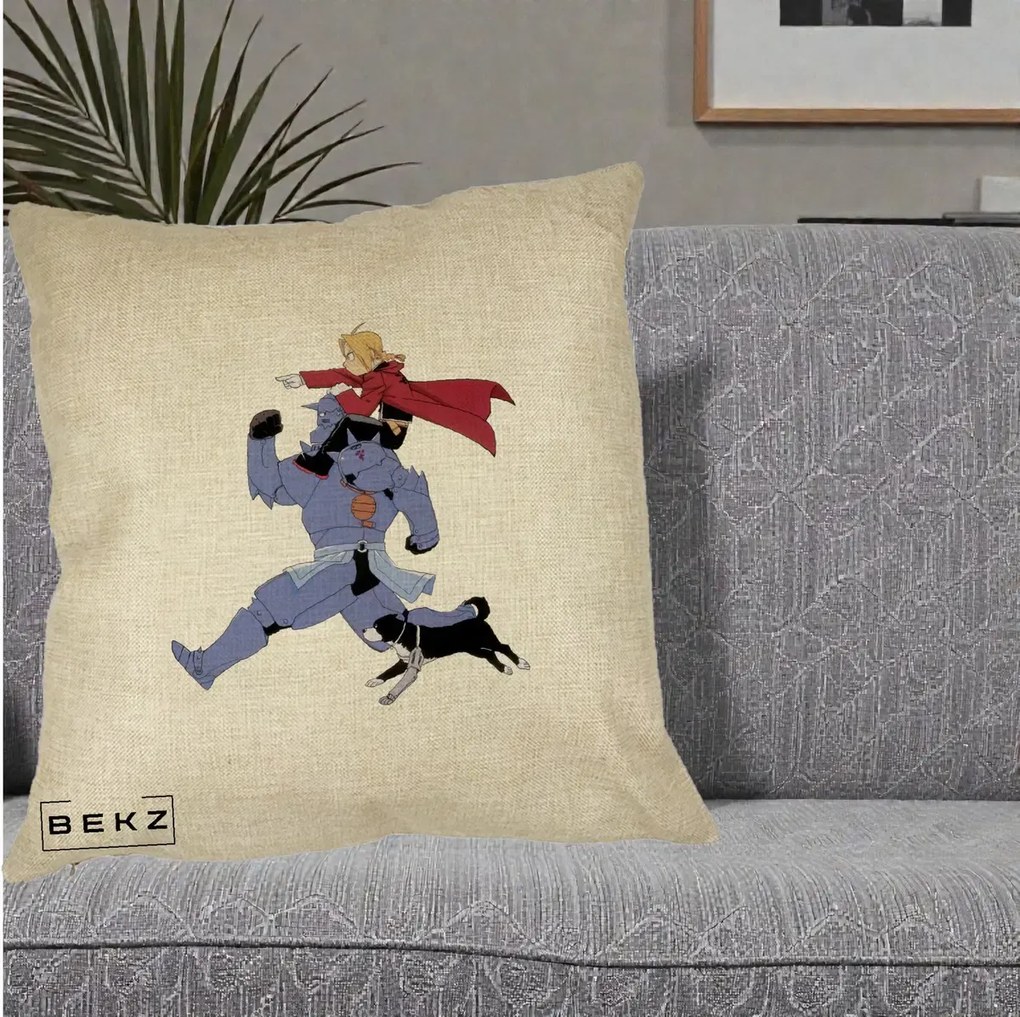 Perna Personalizata Fullmetal Alchemist Edward si Alphonse, 40x40 cm, Crem, Husa Detasabila, Perna Inclusa, BEKZ®