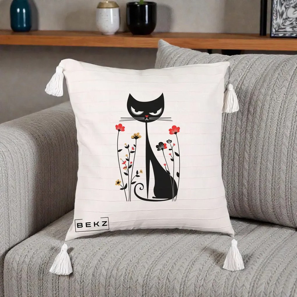 Perna Decorativa Pisica Neagra Grafica Flori Rosii, 40x40 cm, Bej cu Franjuri, Husa Detasabila, Perna Inclusa, BEKZ®