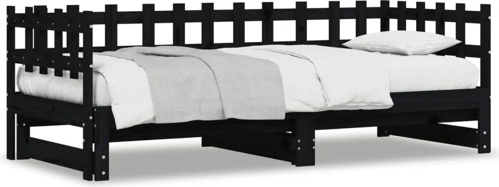 vidaXL Pat de zi extensibil, negru, 2x(90x190) cm, lemn masiv de pin