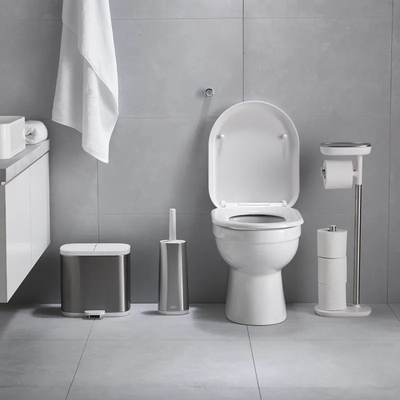 Perie de toaleta Joseph Joseph Flex 70517, Cap flexibil in forma de D, Otel inoxidabil, Alb/Inox