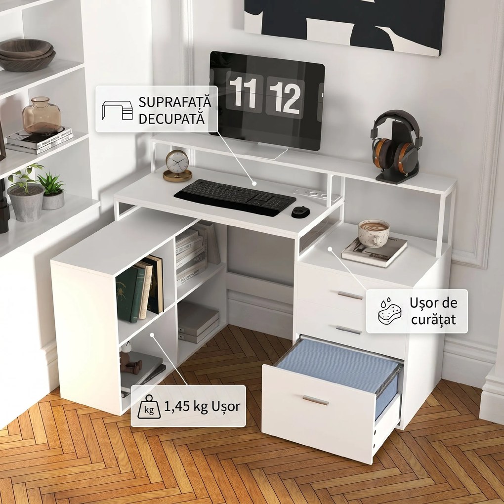 HOMCOM Birou în Formă de L cu Prize de Curent, Sertar și Suport pentru Monitor, 138,5x90x92 cm, Alb | Aosom Romania